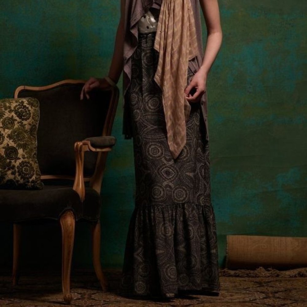 Lil Anthropologie Fossil Print Maxi Skirt Ruffle Pockets Boho Modest Silk sz 6